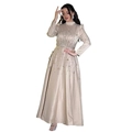 Detail of elegant champagne satin gown featuring intricate beadwork and sequin patterns - S / Champagne