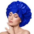 Royal blue satin sleep bonnet featuring a large decorative bow and wide elastic band - Royal Blue Cross Sleep Bonnet