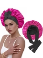 Double-layered pink and black satin sleep bonnet with adjustable wide bow tie - Black and Rose Red Style