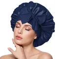 Elastic satin sleep bonnet in navy blue with a large decorative front bow - Navy Blue Cross Sleep Bonnet