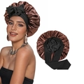 Double-layer satin sleep bonnet in dark brown with black elastic ribbon and bow - Black and Coffee Color Style