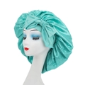 Gorro de dormir de satén azul lago con banda ancha y lazo grande para el cuidado capilar - Estilo de Lazo / Verde Fruta