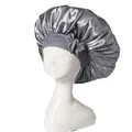 Elegant silver satin sleep bonnet with wide elastic band and side bow decoration - Elastic Style / Deep Gray (YZ-DSMSJ)