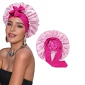 Elastic satin sleep bonnet in pink and rose red with a stylish bow decoration - Rose Red and Pink Style