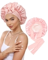 Pink satin hair bonnet for sleeping with wide stretch ribbon bow for curly hair care - Rose Pink and Beige Style