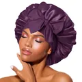 Lustrous purple satin hair bonnet for women featuring a large decorative bow tie - Elastic Style / Deep Coffee (YZ-DSMSJ)