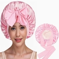 Pink satin hair bonnet for sleeping with a large bow and wide stretch elastic band - Light Pink and Beige Style