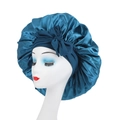 Peacock blue elastic satin sleep bonnet with wide headband and decorative side bow - Bow Knot Style / Peacock Blue
