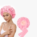 Pink double-layer satin bonnet with wide bow tie for hair care protection - Deep Pink and Beige Style