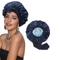 Navy blue double-layer satin bonnet with wide bow tie for hair care and sleep - Navy and Light Blue Style