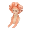 Elastic peach satin sleep bonnet with adjustable ribbon ties for hair care - One Size / Creamy White Single Layer