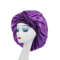 Purple satin hair bonnet with wide elastic band and large bow for hair protection - Bow Knot Style / Deep purple