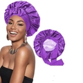 Deep purple satin bonnet with bow and wide elastic straps for hair protection - Deep Purple and Light Purple Style