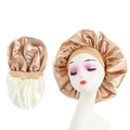 Elastic wide-band satin sleep bonnet in champagne gold and cream white silk finish - Reversible Style / Gold and Beige