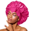 Magenta satin sleep bonnet with a large bow and elastic wide band for hair care - Rose Red Cross Sleep Bonnet