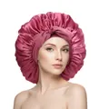 Deep pink large satin sleep bonnet with a decorative bow for women hair care - Bean Paste Cross Sleep Bonnet