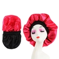 Elastic satin sleep cap in vibrant rose red and black with wide flexible headband - Reversible Style / Black + Rose Red