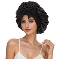 Double-layer satin sleep cap for women featuring a large black bow and elastic wide band - Black Elastic Single Layer