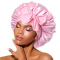 Pink satin sleep bonnet for women featuring a large decorative bow and elastic fit - Pink Cross Sleep Bonnet