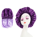 Deep purple satin sleep cap with wide elastic band and lavender lining for hair care - Reversible Style / Dark Purple + Light Purple