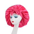 Rose pink satin sleep bonnet with wide elastic band and large decorative bow detail - Bow Knot Style / Rose Red