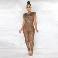 Sexy bronze sequin sleeveless jumpsuit with a slim fit and elegant round neckline - S / Bronze