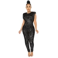 Elegant black sequin sleeveless jumpsuit with padded shoulders and round neckline style - S / Black