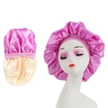 Pink and beige double-layer satin bonnet for hair care with elastic wide band for women - Reversible Style / Light Purple + Beige