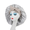 Extra large silver satin sleep bonnet with a beige elastic ribbon bow for hair care - Bow Knot Style / Grayish White