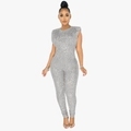 Sleeveless silver sequin jumpsuit for women featuring a slim fit and metallic shine - S / Silver