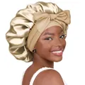 Champagne gold satin sleeping cap with a large bow and wide elastic band for hair care - Light Yellow Cross Sleep Bonnet