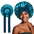 Peacock blue satin bonnet with long ribbon tie and elastic band for hair care - One Size / Peacock Blue