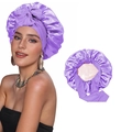 Elastic purple satin sleep bonnet with wide bow headband for hair care and beauty - Light Purple And Beige Reversible