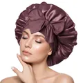 Dark mauve satin sleep bonnet with large bow tie and elastic wide band for hair care - Coffee Cross Sleep Bonnet