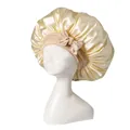 Champagne gold satin sleep bonnet with wide elastic band and fixed decorative bow - Beige Cross Sleep Bonnet