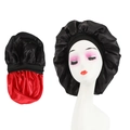Elastische Schlafmütze aus doppellagigem Satin in Schwarz mit rotem Seidenfutter - Wendbarer Stil / Schwarz + Rot