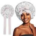 Silk satin wide-tie sleep bonnet for hair care in pearly silver white color - One Size / Grayish White