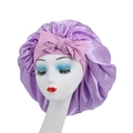 Purple satin sleep bonnet with a large pink bow, wide elastic band for hair protection - Bow Knot Style / Light Purple