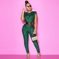 Detailed close-up of dark green sequin sleeveless jumpsuit with a metallic gold waist belt - Green
