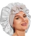 Silver satin hair bonnet with wide band and bow tie for sleeping hair care - Light Gray Cross Sleep Bonnet
