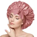 Elastic wide-brim satin sleep bonnet in dusty pink featuring a large decorative bow - Bow Knot Style / Dusty Rose