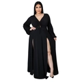 Elegant plus size black V-neck maxi dress with long sleeves and high side slits - 1XL / Black