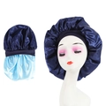 Elastische Schlafmütze aus Satin für die Haarpflege in Dunkelblau und Hellblau Design - Wendbarer Stil / Marineblau + Hellblau