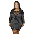 Robe de soirée grande taille noire à manches longues en mesh avec strass argentés - Noir