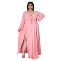 Pink V-neck long sleeve maxi dress with drawstring bust and sexy double high side slits - 1XL / Pink