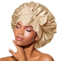 Champagne gold satin hair bonnet with oversized bow for night sleeping hair care - One Size / Beige