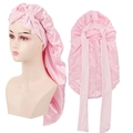 Bonnet de nuit long en satin rose avec large bande élastique et nœud décoratif élégant - Rose double couche