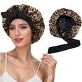 Leopard print satin sleep bonnet with black elastic wide band and decorative bow - Leopard Print + Black Double Layer