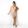 Sexy nude bodycon mini dress with rhinestones and pearls on sheer mesh fabric - 4XL / Apricot