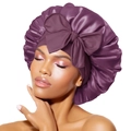 Purple satin silk sleep bonnet with oversized bow and pleated design for hair care - One Size / Lavender